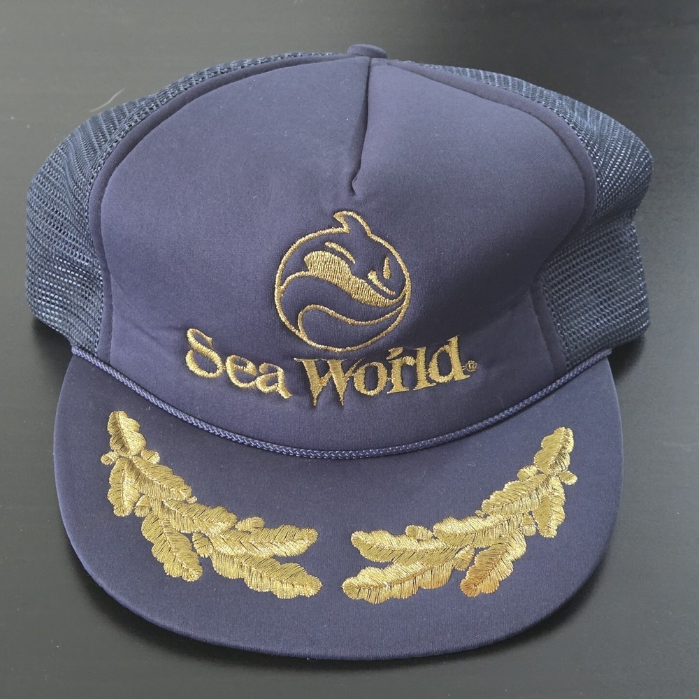 Vtg Sea World Gold Leaf Trucker Snapback‎ Hat Mesh Cap Shamu 80s Scrambled Eggs